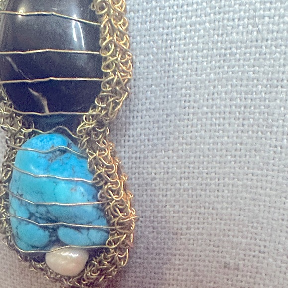 Vintage Handmade Wired Wrapped Turquoise, Jade, Pearl, Black Onyx Necklace - Picture 5 of 10